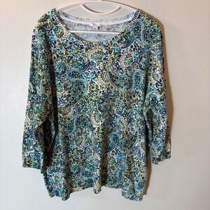 J. Jill Blue Green Paisley Cotton Blend 3/4 Sleeve Sweater Size XL